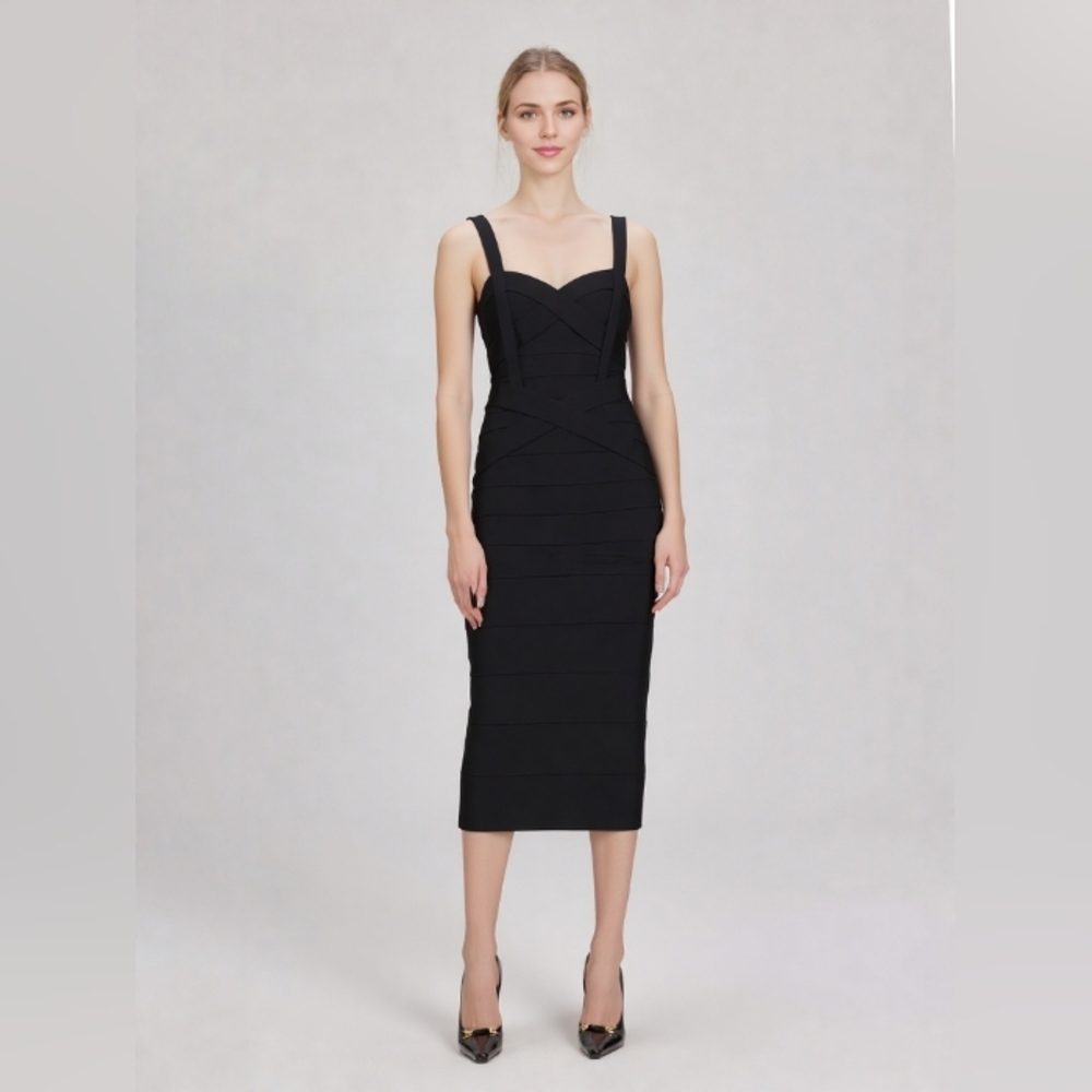 BCBGMaxazria Black Midi Bandage Dress, Size Medium